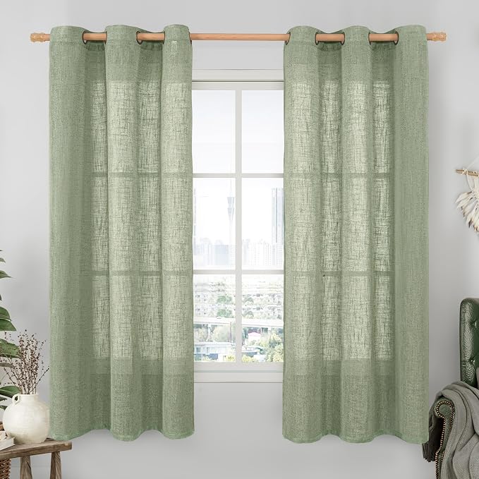 60 Inch Length Semi Sheer Linen Curtains 2 Panels Set, Sage Green Light by LAMIT