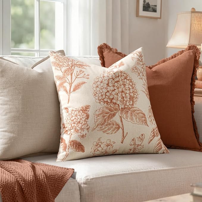 Set of 2 Decorative Floral Pillow Covers 18x18 Inch Autumn Orange | Neutral - Image 3
