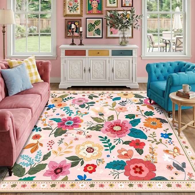 RELEANY Floral Washable Square 8ft Area Rug Pink | Flower Carpet Print Boho by RELEANY