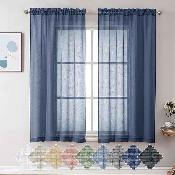 Aiyufeng Kirei Open Linen Weave Flax Textured Navy Blue Sheer Window Curtains 63 inches, Medium Long Privacy Semi-Transparent Sheer Panels for Farmhouse/Bedroom, 80" Wide Total 2 Panels, Dark Blue