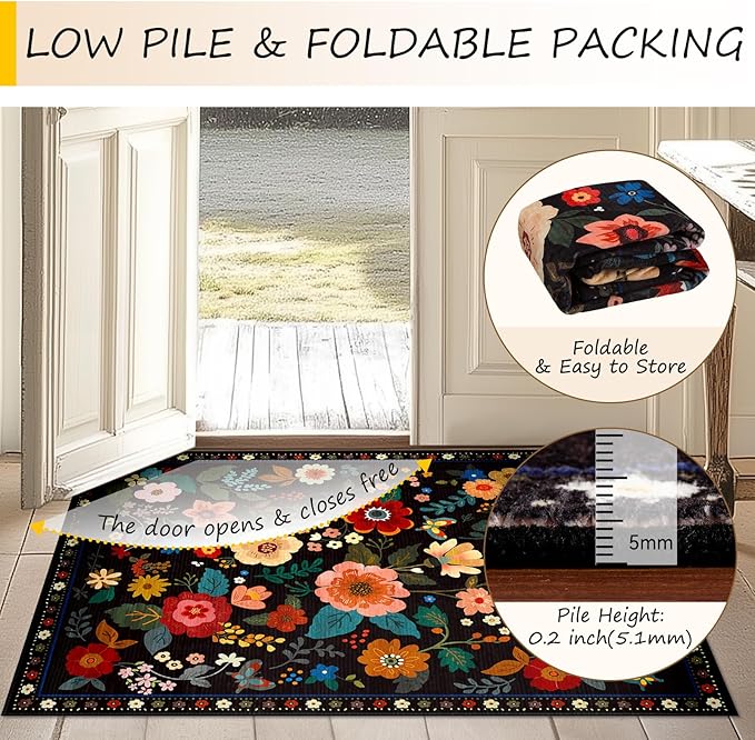 Floral Washable 2x8 Area Rugs Runner Entryway Hallway Black | Flower Carpet - Image 4