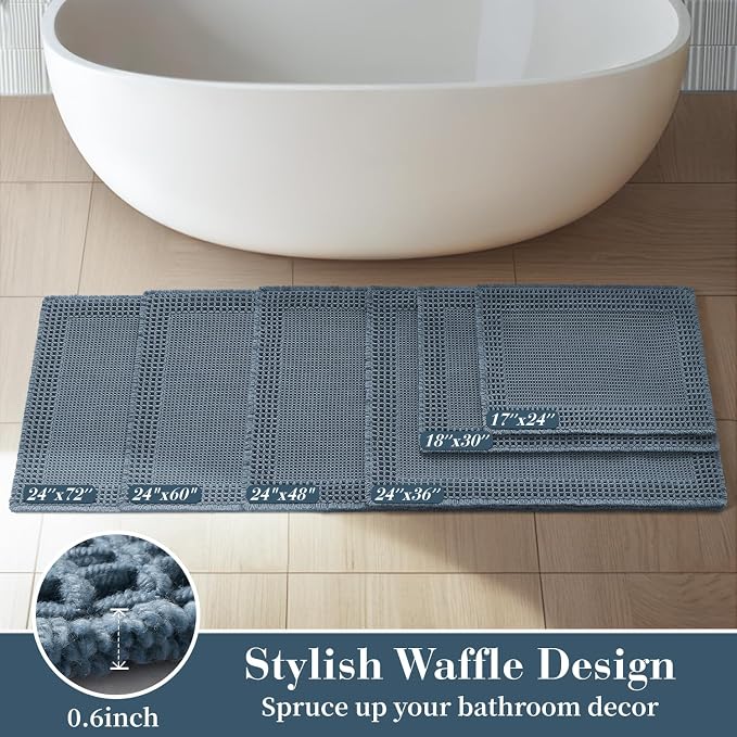 RESARE Waffle Bathroom Runner Rugs, Non Slip Boho Bath Mat 24"x48" Blue | Long - Image 5
