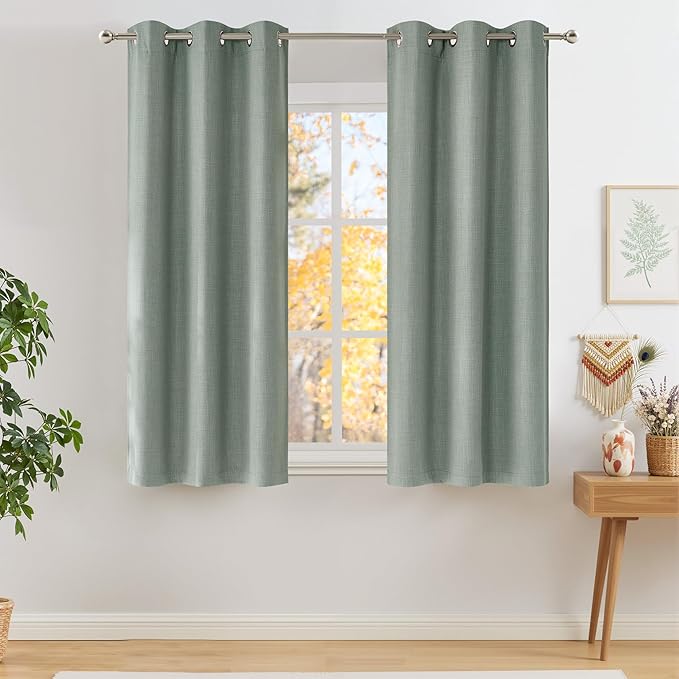 NICETOWN Short Faux Linen Sage Green Blackout Curtains 63 inches Long for Kitchen - Privacy Panels for Living Room Bedroom, Modern Farmhouse Style Easy Care Grommet Top, 2 Panels, W42 by L63