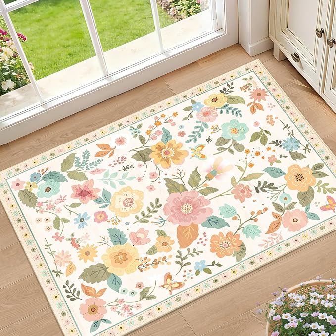 RELEANY Floral Washable 2x3 Area Rugs Doormat Beige/White/Orange | Flower by RELEANY