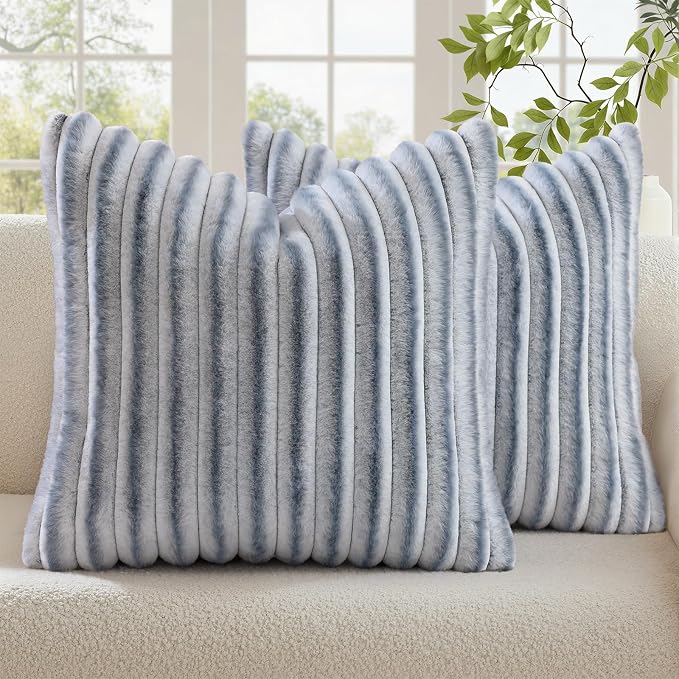 decorUhome Fall Faux Fur Throw Pillow Covers 16x16 Set of 2 Grey White | by decorUhome