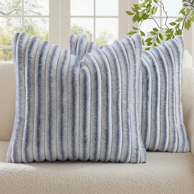 decorUhome Fall Faux Fur Throw Pillow Covers 20x20 Set of 2 Grey White | by decorUhome