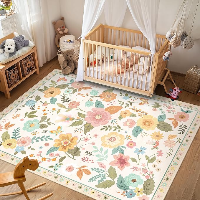 RELEANY Floral Washable 6x9 Area Rugs Beige/White/Orange | Flower Carpet Print - Image 9