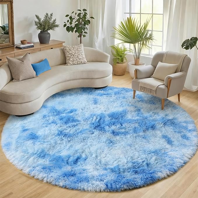 Round Rugs 6ft for Living Room Bedroom, Tie-Dye Blue Fluffy Circle Area Rug for by ONASAR