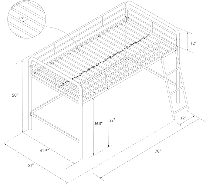 DHP Junior Loft Bed, Space-Saving Metal Frame, Black Finish, Ideal for Younger Children