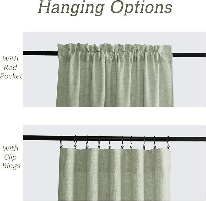 RYB HOME Linen Sheer Curtains and Drapes for Living Room and Bedroom 84 inches Length, Breathable Weave Textured/Rod Pocket Semi Sheer Curtains, Sage Green, W 52 x L 84 inches, 2 Panels Set
