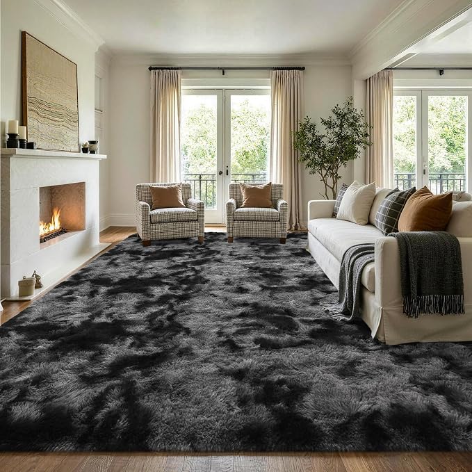 Noahas 8x10 Extra Large Tie-Dyed Dark Grey Fluffy Area Rug Non-Slip - Image 3