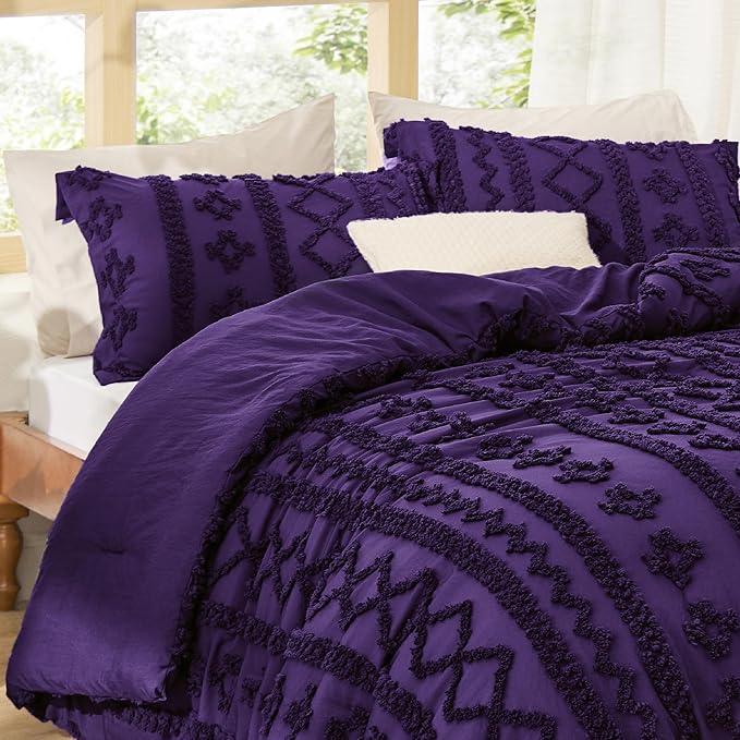 Bedsure Tufted Boho Comforter Set California King - Purple Boho Bed Set, GentleSoft™ 3 Pieces Farmhouse Shabby Chic Embroidery Bedding, Gifts for Woman, Soft Jacquard Comforter for All Seasons