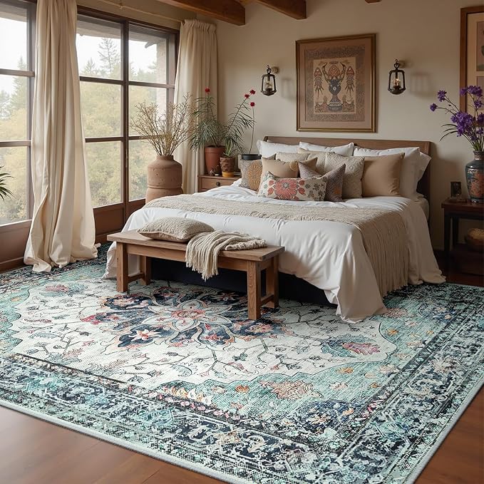 RELEANY Washable Area Rug, Teal Green/White/Navy | Non-Slip, Water Repellent - Image 2