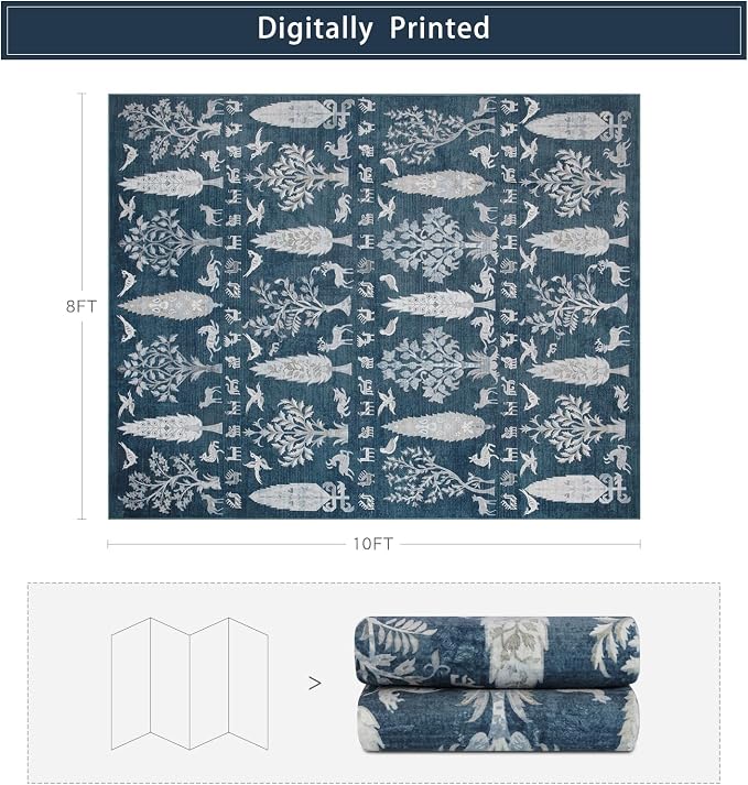 Washable Rugs 8x10 Area Rug for Living Room, Dining Room- Tree Blue | Ultra - Image 2