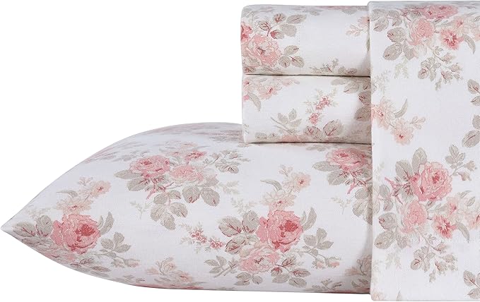 Laura Ashley - Flannel Sheets Queen Size, Anti-Pilling & Wrinkle Resistant Cotton, Touchably Soft for All-Season Comfort - Bed Sheets with Matching Pillowcases & Fitted Sheet (Lisalee Pink)