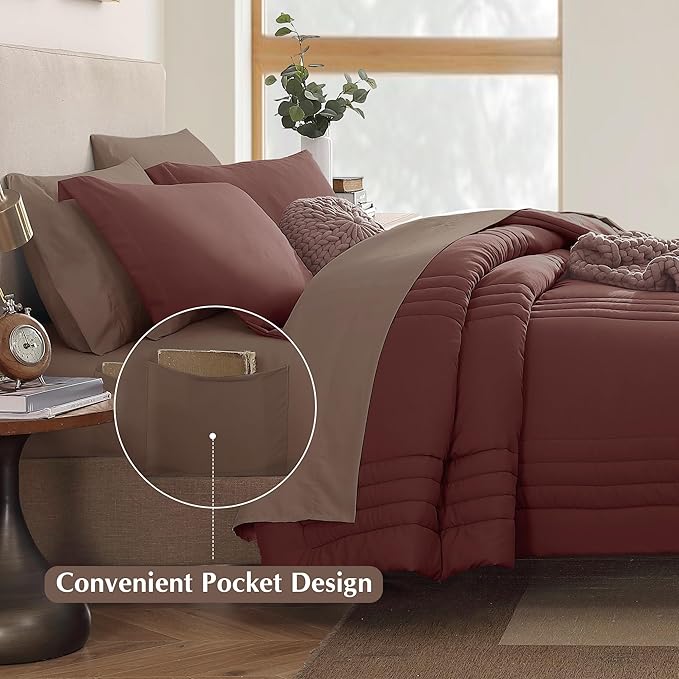 Monbix Full Comforter Set - 7 Pieces Dark Red Bed in a Bag Full Size Bedding Sets with Comforters, All Seasons Down Alternative Comforter with Sheets,Pillowcases & Shams
