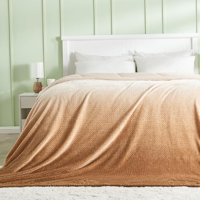 NEWCOSPLAY Super Soft Throw Blanket Ombre Brown Premium Silky Flannel Fleece Leaves Pattern Lightweight Bed Blanket All Season Use (Ombre Brown, Throw(50"x60"))