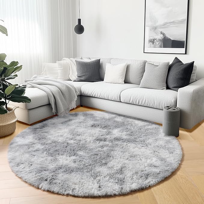 Tie-Dyed Light Grey Round Area Rugs 6ft, Ultra Soft Bedroom Circle Rug - Image 4