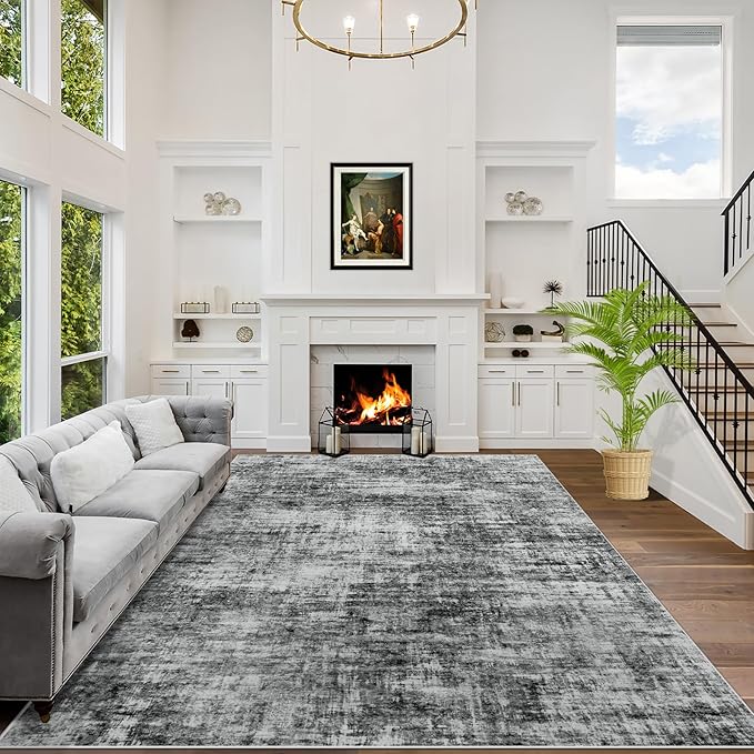 9x12 Area Rugs for Living Room: Washable Abstract Black Badroom Carpet | by GENTDRIZZ