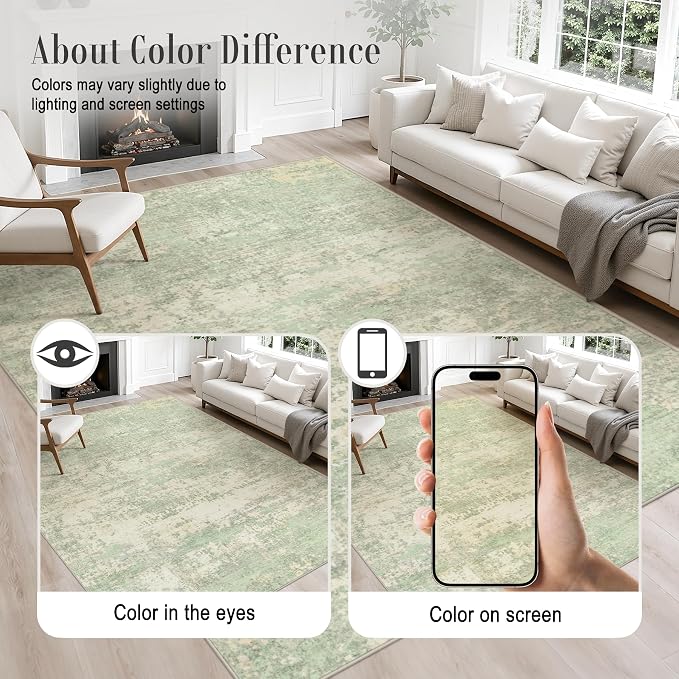 9x12 Area Rug Living Room: Modern Washable Soft Carpet Green Cream | - Image 6