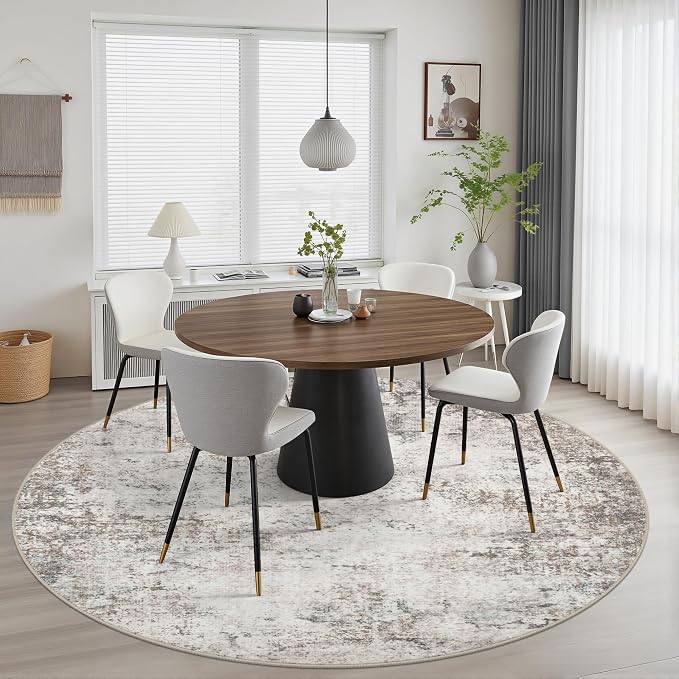 Round Area Rug Living Room: 5 ft Modern Washable Carpet Brown | - Image 4
