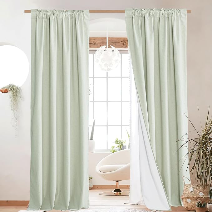 NICETOWN Light Green Blackout Linen Curtains 95" Long, Rod Pocket Back Tab Full - Image 2