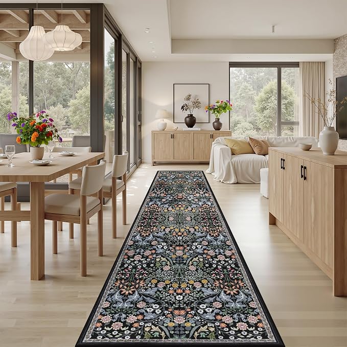 PLHXFR 2.6x14 Washable Runner Rug：Floral Indoor Kitchen Carpet Dark Black | - Image 4