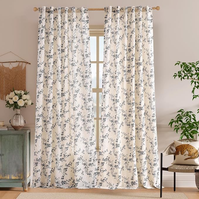 Black Vintage Floral Linen Curtains Farmhouse 50W X 96L 2 Panels | Elisa Series - Image 2