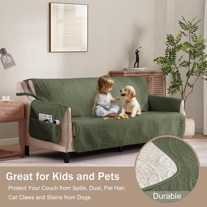 Olive Green Loveseat Covers for 2 Cushion Couch, Water-Repellent Slip Covers - Image 2