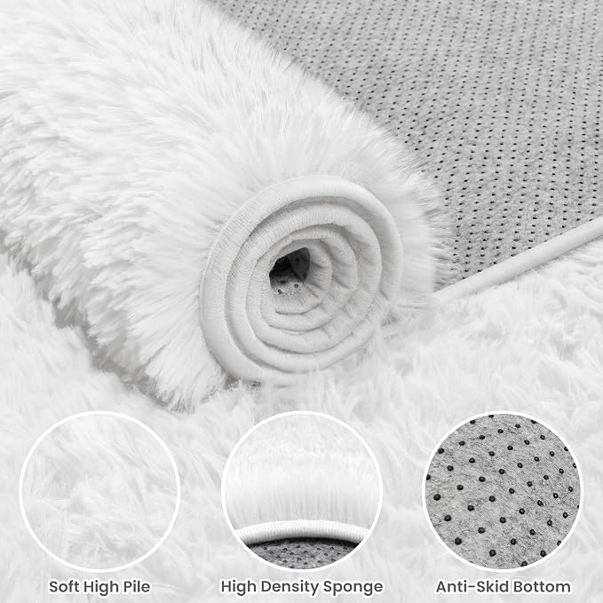 5x8 Fluffy Shag Area Rugs for Living Room Bedroom: Soft Plush Carpet White | - Image 5