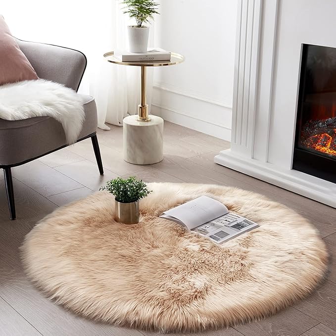 SERISSA 5x5 Fluffy Beige Round Faux Fur Area Rug by SERISSAHomeDecorCollection