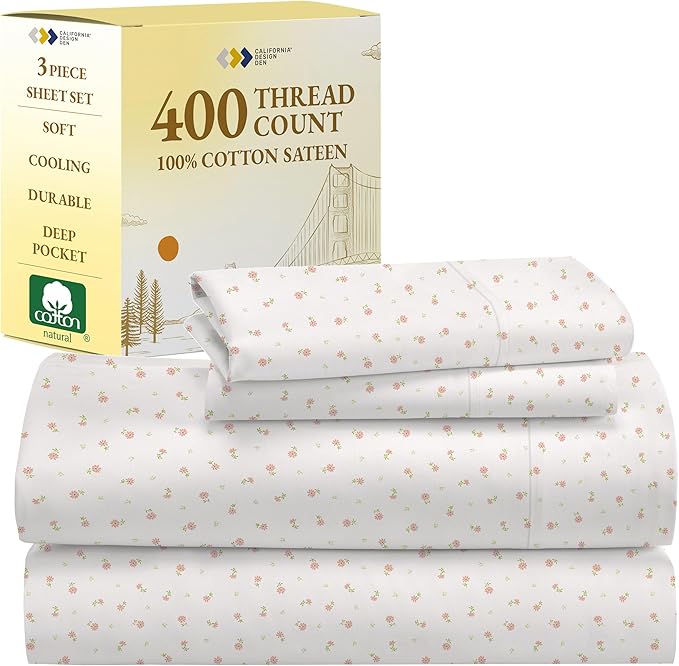 California Design Den Deep Pocket Twin Sheets Set - 400 Thread Count Sateen, Natural 100% Cotton Sheets, Cooling and Durable Bedding Set - Soft Floral