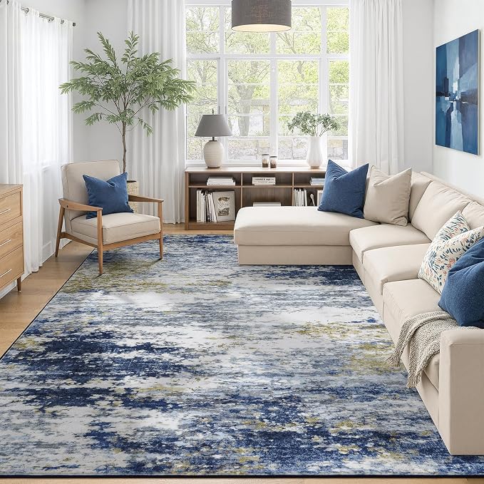 9x12 Area Rug for Living Room, Abstract Washable Large Rugs, Dark Blue | by Lofus