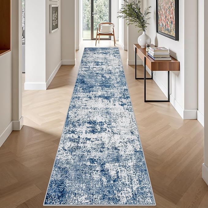 2.6x14 Washable Runner Rug:Modern Abstract Indoor Soft Carpet Blue | - Image 4