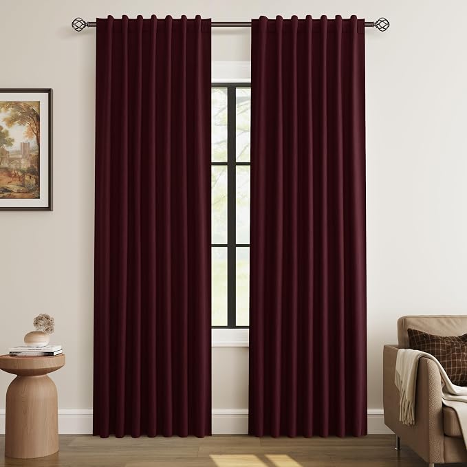 Burgundy 100% Blackout Linen Curtains 84 Inch Length 2 Panels Set by Guken