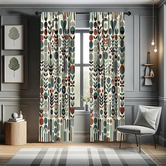 Ambesonne Leafy Art Window Curtains Pack of 2, Scandinavian Leaves Pattern with Geometric Roundy Modern Boho Print, Lightweight Set with Rod Pocket, 4 Panels of - 28" x 95", Pale Green Redwood Teal