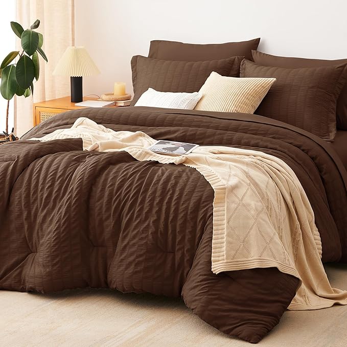 CozyLux Queen Comforter Set Brown Seersucker 7 Pieces Bed in a Bag Queen Comforter Set with Sheets, Luxury Soft Bedding Set with Down Alternative Comforter, Sheets, Pillowcases & Shams for All Seasons