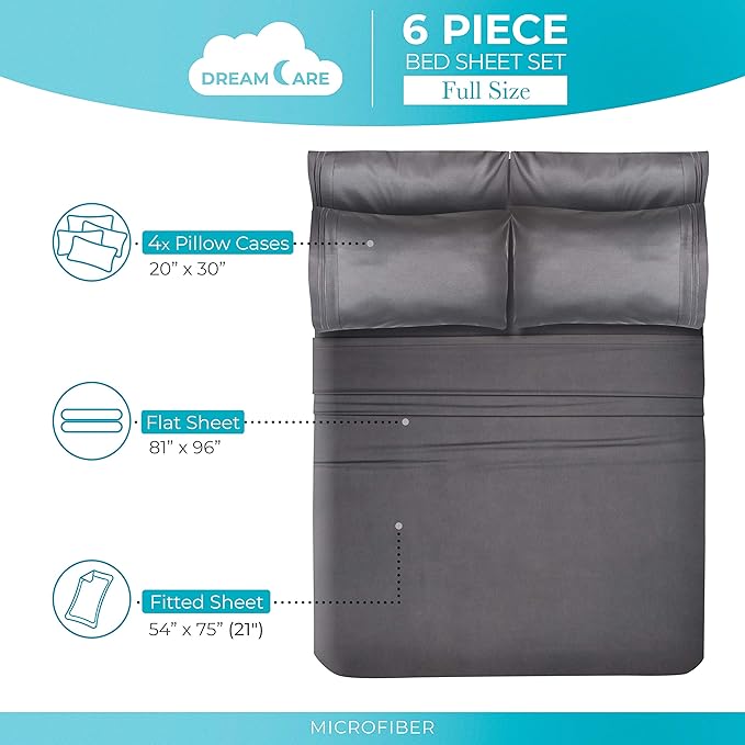 DREAMCARE Full Size Sheet Set – 6 pcs Cooling Bed Sheets – up to 21” Deep Sheets Full Size Bed Set – 2500 Supreme Collection – Extra Soft 100% Brushed Microfiber Hotel Luxury with Side Pocket – Gray
