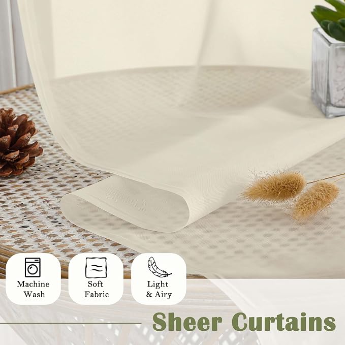 Cream Sheer Curtains 84 Inches Long 2 Pcs, Dual Rod Pocket Breathable Rustic - Image 8