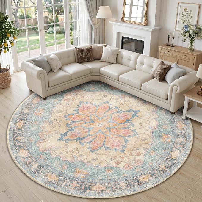 RELEANY Washable Area Rug, Round 10ft, Water Repellent, Pet Friendly, Vintage by RELEANY