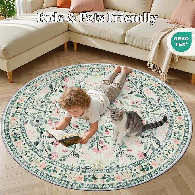 PLHXFR Round Area Rug Living Room: 4 ft Floral Washable Carpet Green Beige | - Image 8