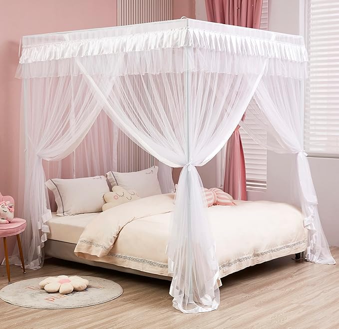 Mengersi Princess 4 Corners Post Bed Curtain Canopy Mosquito Net Princess Canopies (White, Full)