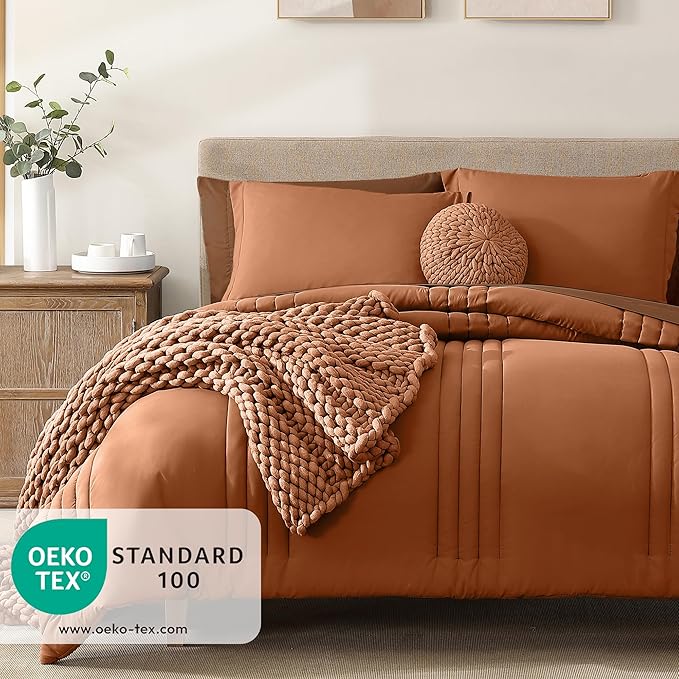 Monbix King Size Comforter Set - 7 Pieces Bed in a Bag King, Burnt Orange Bedding Sets with Comforter, All Seasons Down Alternative Comforter Bed Set with Sheets, Pillowcases & Shams