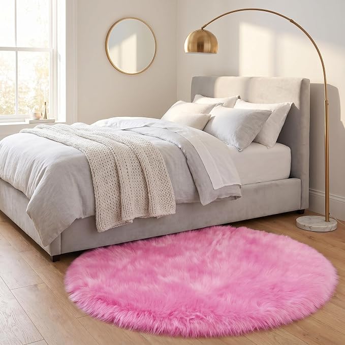 duduta Hot Pink Faux Fur Sheepskin Round Rug 4x4 ft, Fluffy Shag Circle Rug | - Image 7