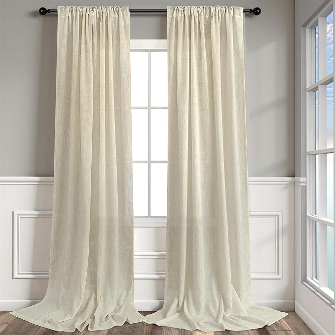 Oatmeal Beige Linen Curtains 92 Inch Length 2 Panels Back Tab Semi Sheer Light - Image 9