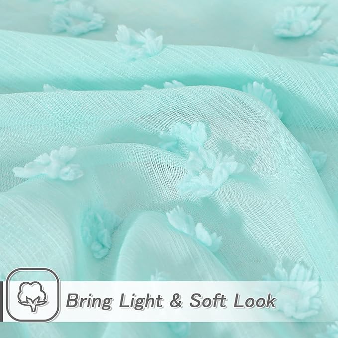MYSKY HOME Pom Pom Aqua Sheer Curtains for Bedroom Girls Room Curtains 84 Inches Long for Nursery Kids Light Filtering Boho Window Drapes, Rod Pocket, 52" Wide, 2 Panels