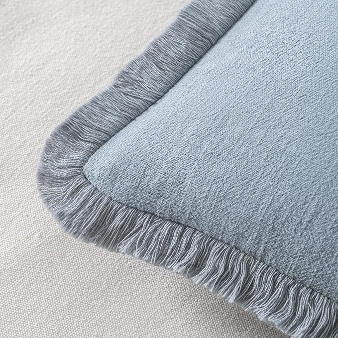 MIULEE Boho Linen Fringe Decorative Throw Pillow Covers Light Blue 20x20 | Set - Image 3