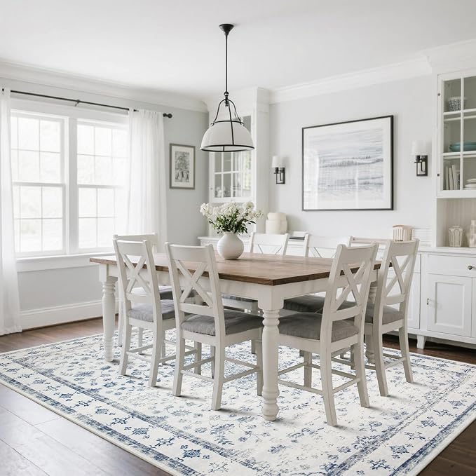 8x10 Washable Area Rugs for Living Room, Dining Room- Blue White | Retro Floral - Image 8