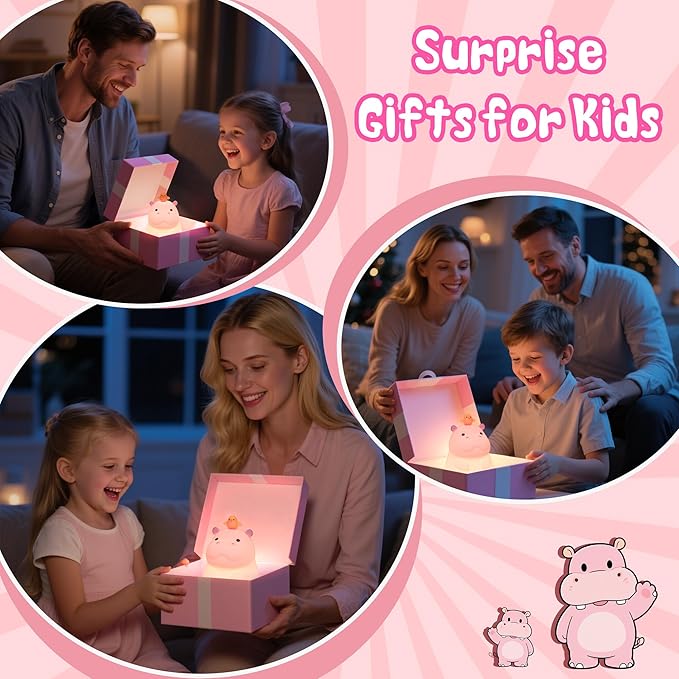 Cute Hippo Gifts for Kids,Pink Hippo Night Light, Dimmable Silicone Animal Nursery Night Light, Adorable Rechargeable Squishy Touch Lamp, Hippopotamus Gifts for Boys Girl Baby Room Decor