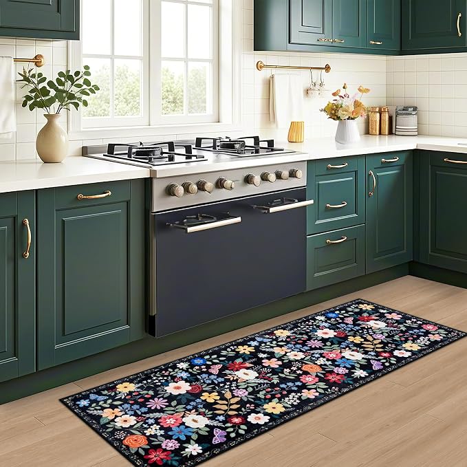 PLHXFR 2.6x8 Washable Runner Rug：Floral Indoor Kitchen Soft Carpet Black | - Image 6